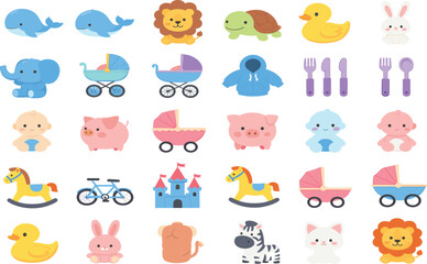 Fototapeta premium Cute baby animals, toys, and nursery items icon set with pastel colors for kids education and playful design