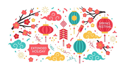 A colorful illustration of a spring festival celebration with lanterns, cherry blossoms, and dragon designs on a white background, conveying a joyful mood.