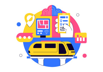 Futuristic Transportation System Vector Illustration Featuring Smart Mobility, Autonomous Vehicles, And Urban Infrastructure With Flat Background