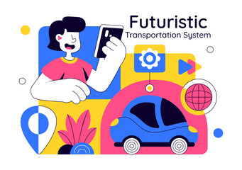 Naklejka premium Futuristic Transportation System Vector Illustration Featuring Smart Mobility, Autonomous Vehicles, And Urban Infrastructure With Flat Background