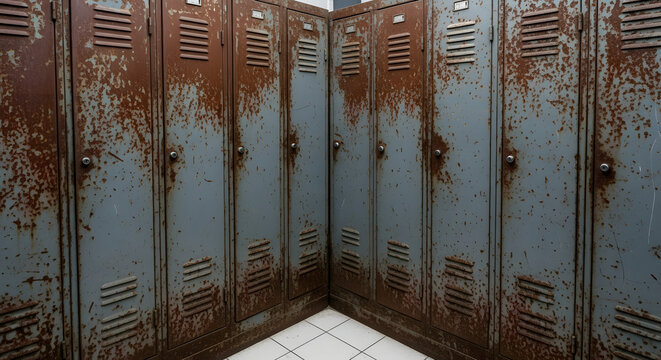 Rusty metal lockers with peeling paint in old building