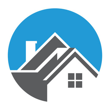 Gray house with chimney and window on blue circular background icon