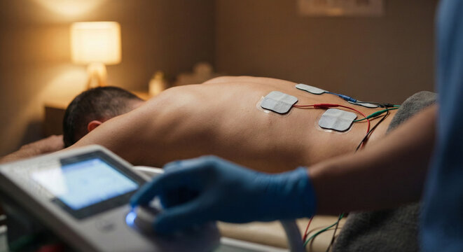 Physiotherapist adjusting electrical muscle stimulation machine for patient back pain relief in clinic.