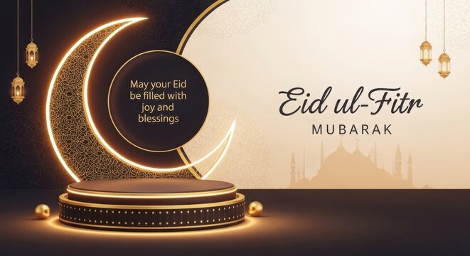 Elegant eid ul-fitr greetings with illuminated crescent and blessings