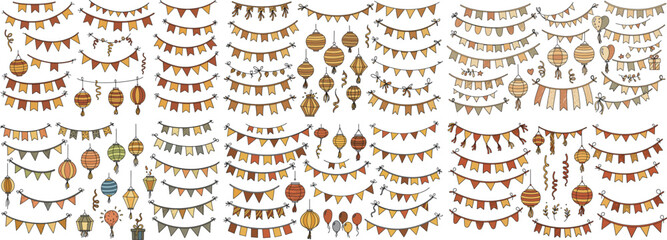 A vibrant collection of decorative bunting and lanterns in a festive autumn theme.