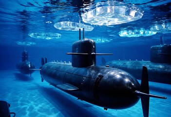 Obraz premium Fleet of military submarines docked inside a frozen naval base, symbolizing maritime power, stealth technology, national defense, and Pearl Harbor Remembrance Day in an arctic setting.