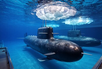 Obraz premium Fleet of military submarines docked inside a frozen naval base, symbolizing maritime power, stealth technology, national defense, and Pearl Harbor Remembrance Day in an arctic setting.