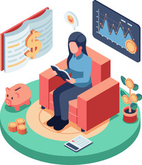 Isometric Woman Learning about Financial Literacy