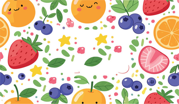 Cute seamless fruit pattern with smiling oranges strawberries blueberries leaves and stars in colorful flat cartoon style