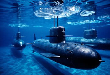 Obraz premium Fleet of military submarines docked inside a frozen naval base, symbolizing maritime power, stealth technology, national defense, and Pearl Harbor Remembrance Day in an arctic setting.