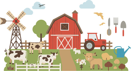 Farm landscape illustration with red barn, windmill, tractor, cows, sheep, and agriculture tools in flat vector style © Sumon Creative
