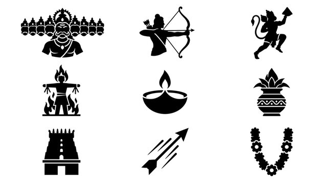 Dussehra vector silhouette icons illustrating ramayana story with ten headed ravana lord rama hanuman burning effigy diya and temple symbols for vijayadashami festival