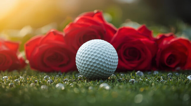 white golf ball with red roses on green grass for valentines day ai