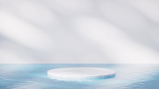 Minimalist white round platform floating on calm water with subtle light and shadow play on background