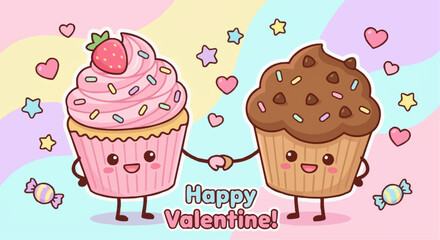 Cute cartoon couple of cupcakes holding hands for Valentine day greeting card.