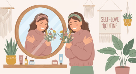 Flat vector illustration of woman hugging herself representing self love and mental wellness.