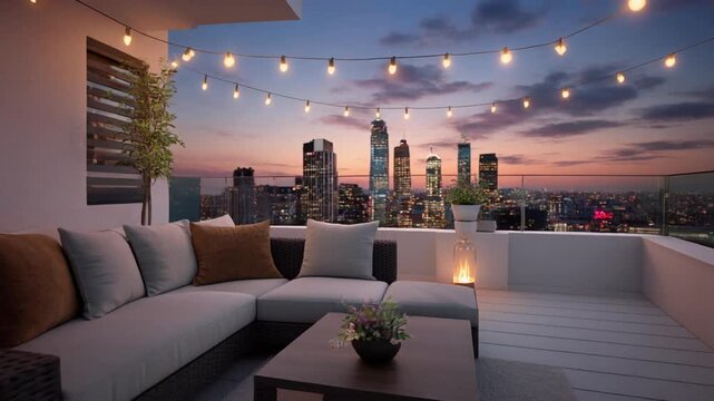 Elegant rooftop terrace with city skyline and cozy string lights at sunset