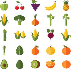 Fototapeta premium Fruit and vegetable flat icon set vector illustration with fresh healthy organic food collection elements