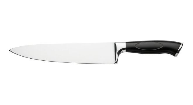 A sharp knife with a black handle and a white blade on a png transparent