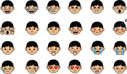Boy Facial Expressions Vector Illustration Set Showing Different Emotions and Moods for Education, User Interface Design, Emojis, Apps, and Creative Projects © Sanjida