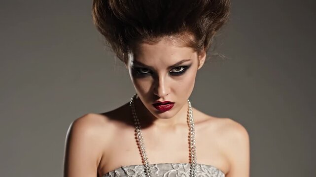 Woman with dramatic makeup on grey background.