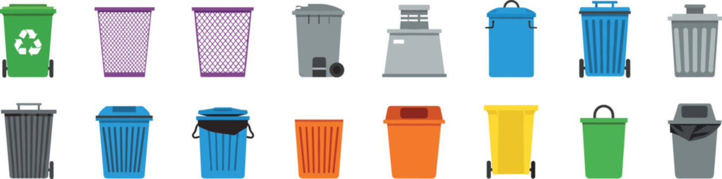 Garbage and recycling bin flat vector icon set with colorful waste containers isolated on white background