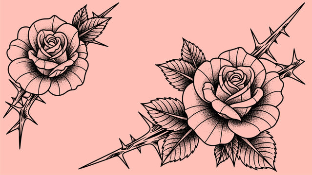 Traditional tattoo style rose with thorns illustration set on a pink background, classic old school vector art