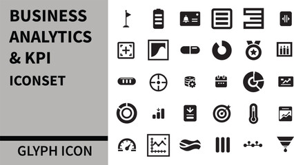 Fototapeta premium Business Analytics & KPIs Icon Set - Charts, Graphs, Dashboards, KPI Cards, Gauges, Funnels, Targets