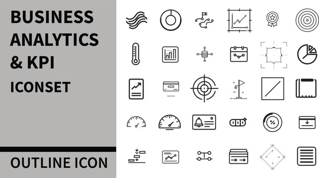 Business Analytics & KPIs Icon Set - Charts, Graphs, Dashboards, KPI Cards, Gauges, Funnels, Targets