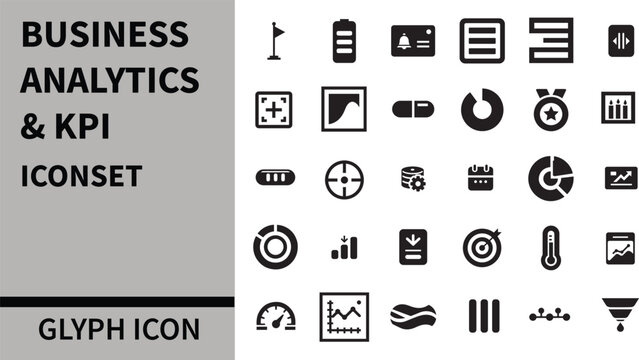 Business Analytics & KPIs Icon Set - Charts, Graphs, Dashboards, KPI Cards, Gauges, Funnels, Targets