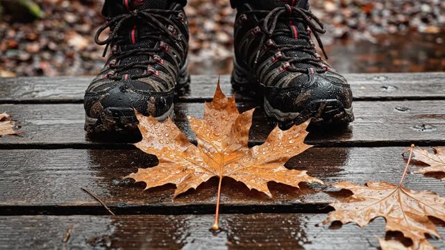 A solitary autumn maple leaf rests on a wet wooden trail, juxtaposed against rugged outdoor boots, symbolizing the serene beauty of a damp forest hike