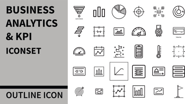 Business Analytics & KPIs Icon Set - Charts, Graphs, Dashboards, KPI Cards, Gauges, Funnels, Targets