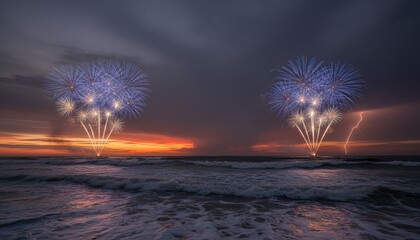 Fireworks rising over dark ocean horizon during dramatic twilight celebration