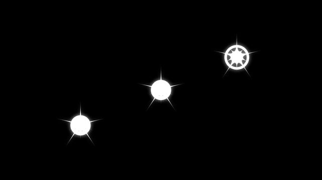 Twinkle sparkle star animation showing white cartoon flat vector doodles, glitter shine and blinking light effect, glowing motion on transparent black screen background for clean festive 4K overlays