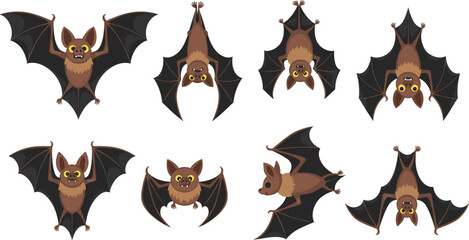 Cute Bat Vector Character Set with Flying and Hanging Poses in Cartoon Style for Halloween, Night Wildlife, and Kids Illustration Designs © Sanjida