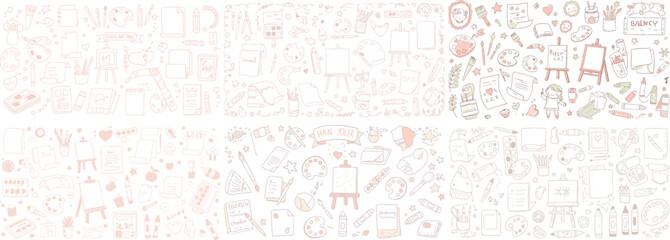 Fototapeta premium Colorful hand-drawn art supplies and tools, forming a creative border for artistic projects.