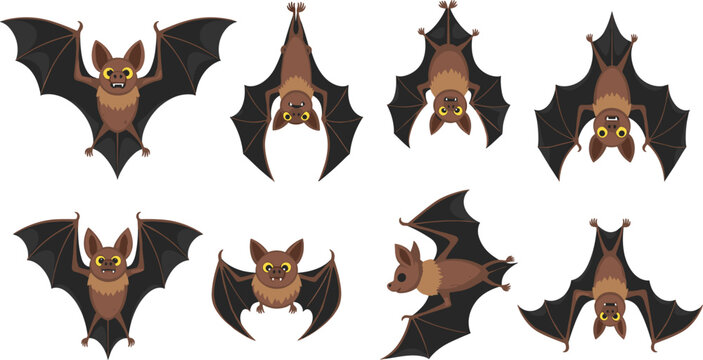 Cute Bat Vector Character Set with Flying and Hanging Poses in Cartoon Style for Halloween, Night Wildlife, and Kids Illustration Designs