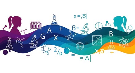 International day of women and girls in science colorful illustration with math and science symbols on wavy lines