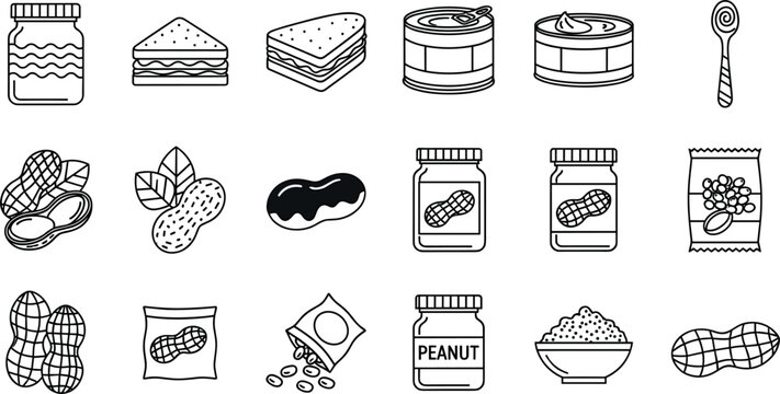 Large collection of hand drawn peanut butter jars sandwiches and snacks vector icons isolated on white background for food packaging and organic product design