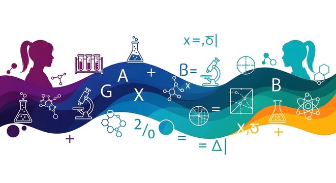 International day of women and girls in science colorful illustration with math and science symbols on wavy lines