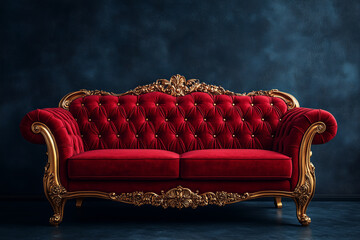 Red Velvet Sofa on a blue black background. Red Gold Couch in royal style in the dark room	