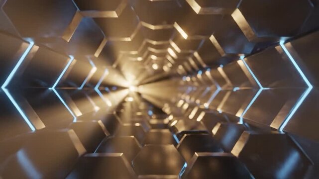 Futuristic hexagonal tunnel with intense central light, warm glow, blue geometric reflections
