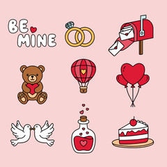 Valentine's Day Romantic Love Element Vector Illustration Set with Teddy Bear, Hearts, Engagement Ring, and Cute Icon Collection