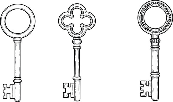 Set of three vintage skeleton keys vector illustration featuring ornate antique decorative keys in engraving style for security mystery and old-fashioned graphic design