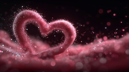 A heart made of glitter is floating in the air. The heart is pink and surrounded by a cloud of glitter. Concept of love and romance, as the glitter heart is a symbol of affection
