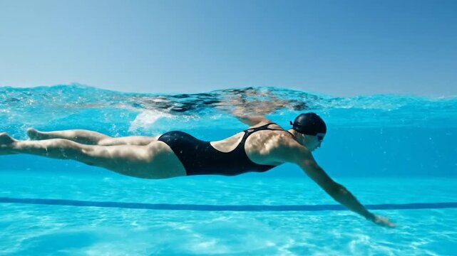 Woman Swimming Freestyle Underwater in Bright Blue Pool.
