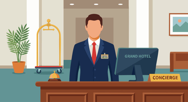 Concierge at Hotel Desk
A flat vector illustration of a concierge standing behind a concierge desk in a hotel lobby. Wearing a suit or uniform with name badge. 
