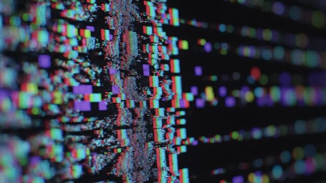 Colorful digital glitch art with vibrant pixels and blurred bokeh on a dark screen