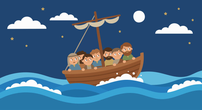 Flat vector illustration of a small boat on the sea, drawn with simple rounded shapes. The disciples sit inside, looking worried but not afraid. 