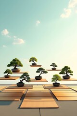 AI Generative. Surreal Floating Bonsai Trees over Minimalist Platform. 1